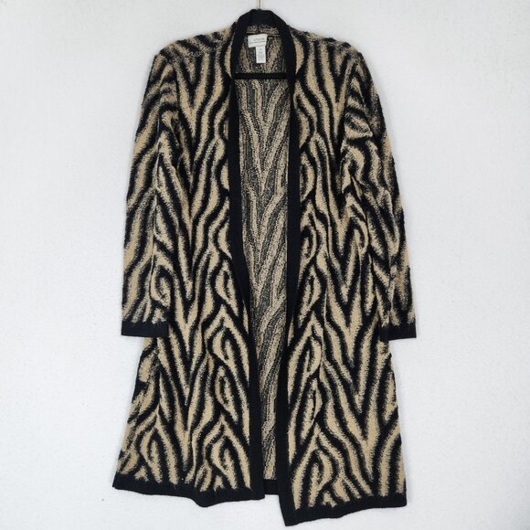 Chicos Sweater Womens 2 Tan Black 12 Zebra Print Mohair Wool Blend Long Cardigan - Picture 1 of 11